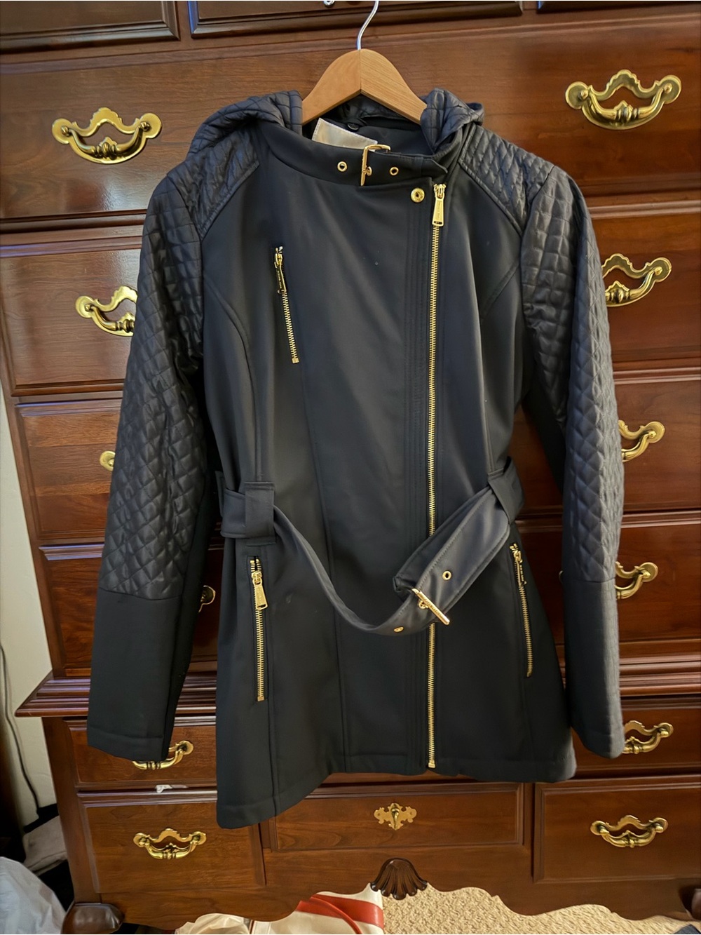 Michael Kors Black Quilted-Sleeve Utility Jacket with Gold Hardware
